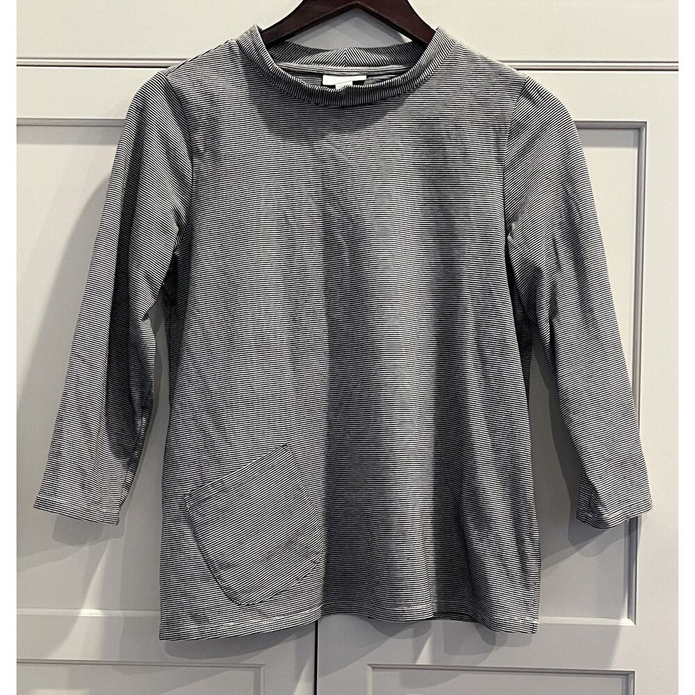 J. Jill Black White Striped Top XS Pure Jill Shirt Pocket Mock Neck Cotton